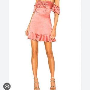 Superdown Orange and Pink Ruffled Off-Shoulder Mini Dress